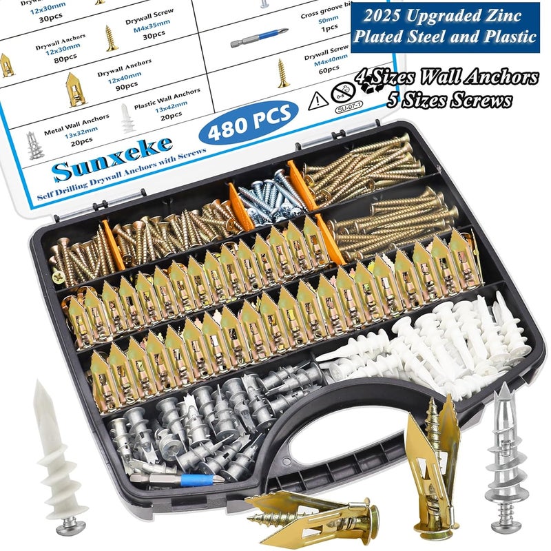 Sunxeke 480 PCS Self Drilling Drywall Anchors Kit with Screws - 4 Sheetrock Anchors & 5 Screw Sizes (2025 Upgraded), No Drill Needed, Zinc Plated Steel and Plastic, Heavy Duty Wall Anchors - Image 4